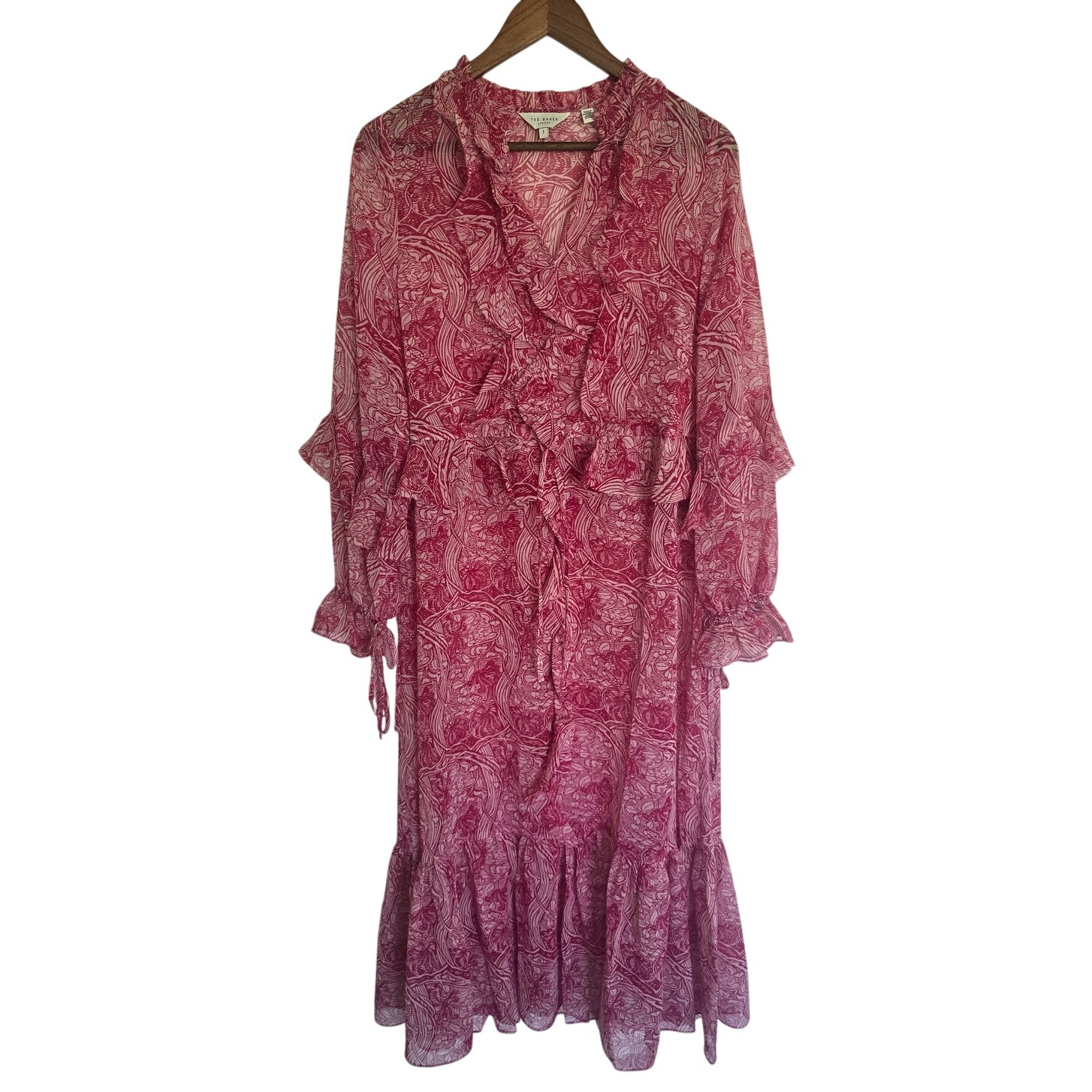 Ted Baker Alissia Pink Swirl Ruffle Midi Shirtdress Size 1 Small